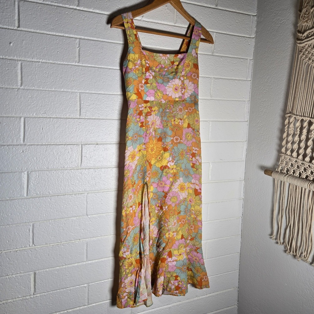 Show Me Your Mumu Womens Claire Midi Dress Floral Retro 70s Smocked Slit Ditsy M
